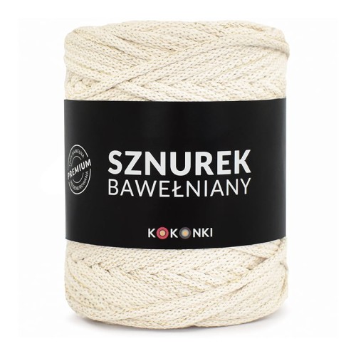 PREMIUM Sznurek bawełniany by KOKONKI 5mm / rolka 100m / krem + złoty LUREX - NOWA PARTIA