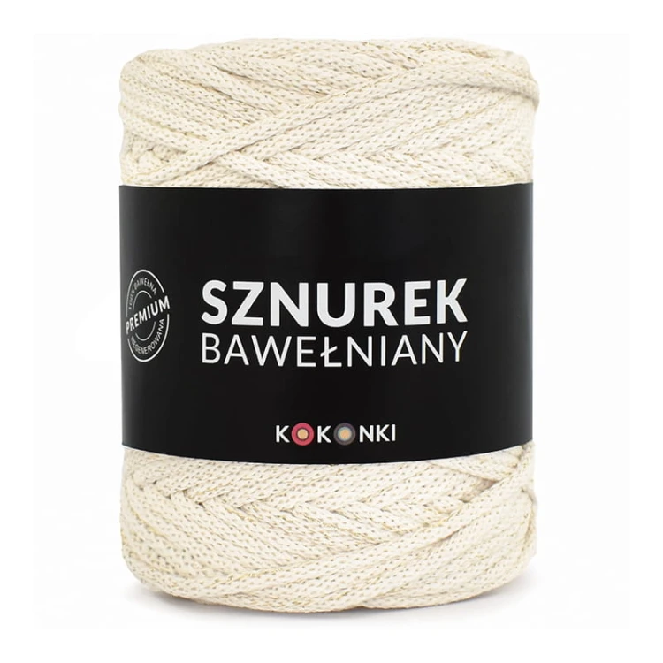 PREMIUM Sznurek bawełniany by KOKONKI 5mm / rolka 100m / krem + złoty LUREX - NOWA PARTIA