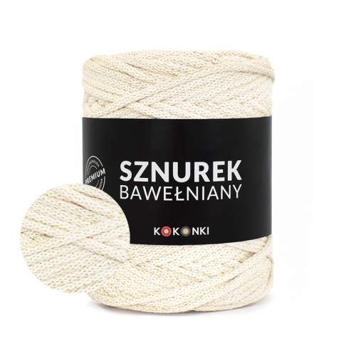 PREMIUM sznurek bawełniany by KOKONKI 5mm / rolka 100m / krem + złoty LUREX (wiązany)