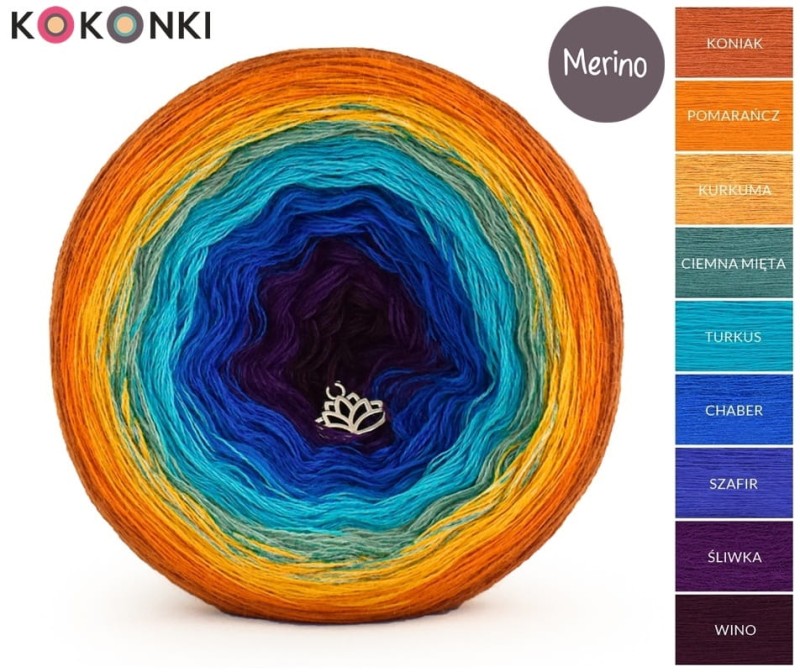 KOKONEK_Merino 9K 12 - Koniak/pomarańcz/kurkuma/ciemna mięta/turkus/chaber/szafir/śliwka/wino, 3 nitki, 1400 m, 300 g - GOTOWY