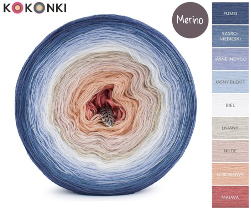 KOKONEK_Merino 9K 05 - Fumo/szaroniebieski/jasne indygo/jasny błękit/biel/jasny beż/nude/łososiowy/malwa, 3 nitki, 1400 m, 300 g - GOTOWY