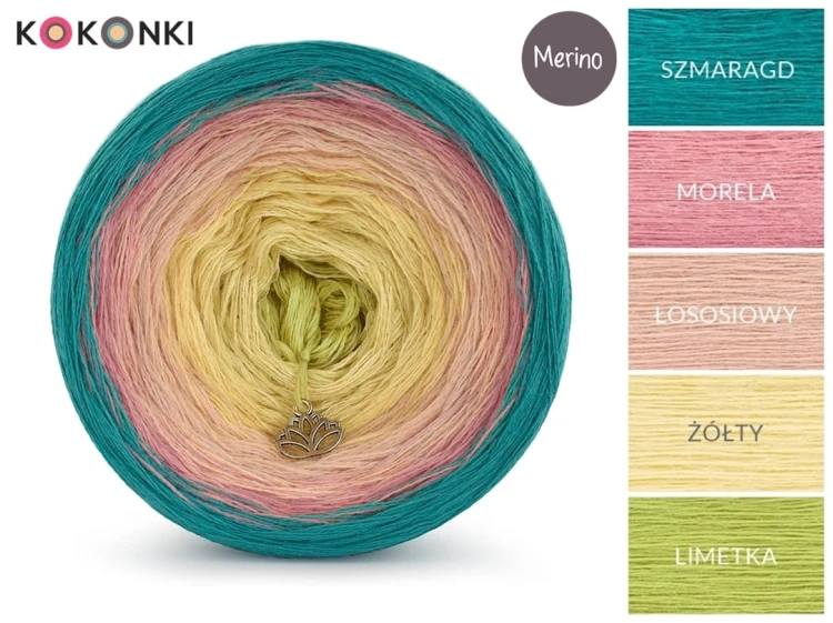 KOKONEK Merino 428 - Szmaragd/morela/łososiowy/żółty/limetka