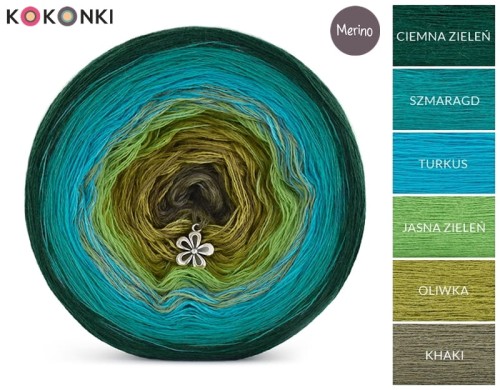 KOKONEK Merino 458 - Ciemna zieleń/szmaragd/turkus/jasna zieleń/oliwka/khaki