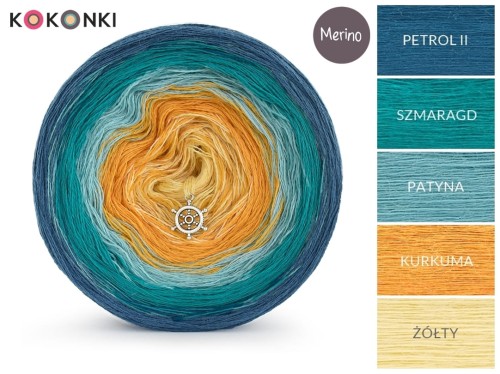 KOKONEK Merino 614 - Petrol II/szmaragd/patyna/kurkuma/żółty