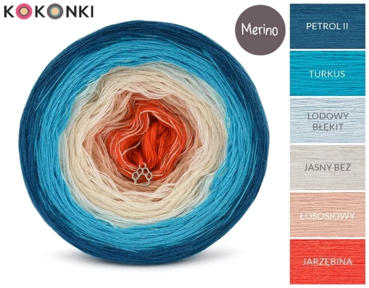 KOKONEK Merino 678 Light of see - Petrol II/turkus/lodowy błękit/jasny beż/łososiowy/jarzębina