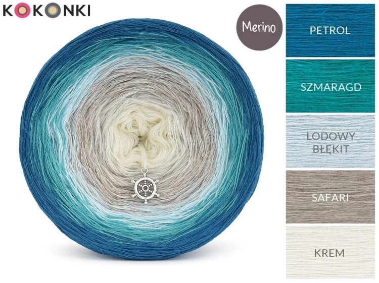 KOKONEK Merino 672 Justyna - Petrol/szmaragd/lodowy błękit/safari/krem