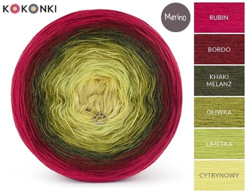 KOKONEK Merino 745 - Rubin/bordo/khaki melanż/oliwka/limetka/cytrynowy
