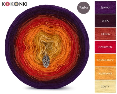 KOKONEK Merino 522 - Śliwka/wino/cegła/czerwień/pomarańcz/kurkuma/żółty