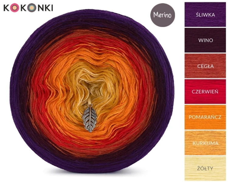KOKONEK Merino 522 - Śliwka/wino/cegła/czerwień/pomarańcz/kurkuma/żółty