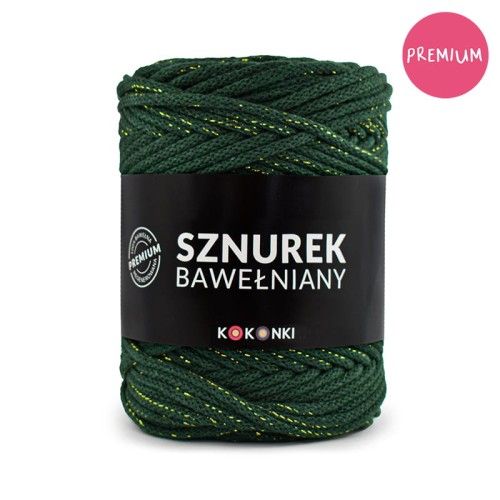 PREMIUM Sznurek bawełniany by KOKONKI 5mm / rolka 100m / butelkowa zieleń + złoty LUREX