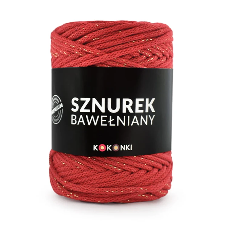 PREMIUM Sznurek bawełniany by KOKONKI 5mm / rolka 100m / czerwień + złoty LUREX