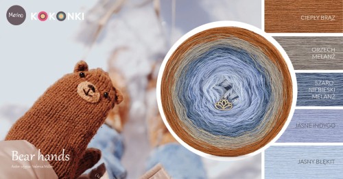 KOKONEK Merino 755 Bear hands - Ciepły brąz / orzech melanż / szaroniebieski melanż / jasne indygo / jasny błękit