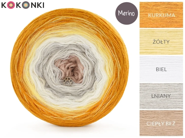 KOKONEK Merino 757 Golden eye - Kurkuma / żółty / biel / lniany / ciepły beż