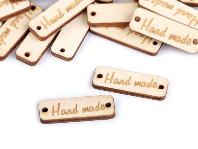 Scrapka, metka drewniana "Hand made" / 10x30 mm / beż