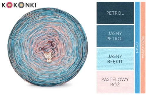 KOKONEK Kish Rare Classic R108 - Petrol/jasny petrol/jasny błękit/róż/jasna morela + 1 nitka brzoskwinia + 1 nitka cyjan
