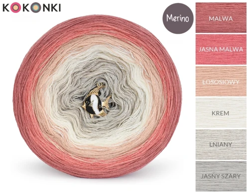 KOKONEK Merino 762 "motek Małgorzaty" - Malwa/jasna malwa/łososiowy/krem/lniany/jasny szary