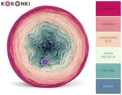 KOKONEK Classic B184 "motek Pauliny" - Piwonia/morela/łososiowy róż/jasna pistacja/patyna/denim