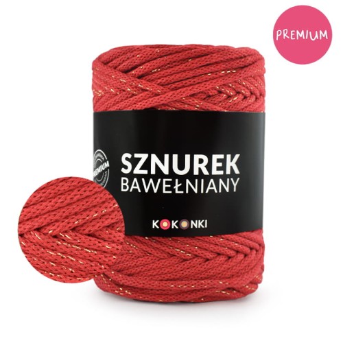 PREMIUM Sznurek bawełniany by KOKONKI 5mm / rolka 100m / czerwień + złoty LUREX (wiązany)