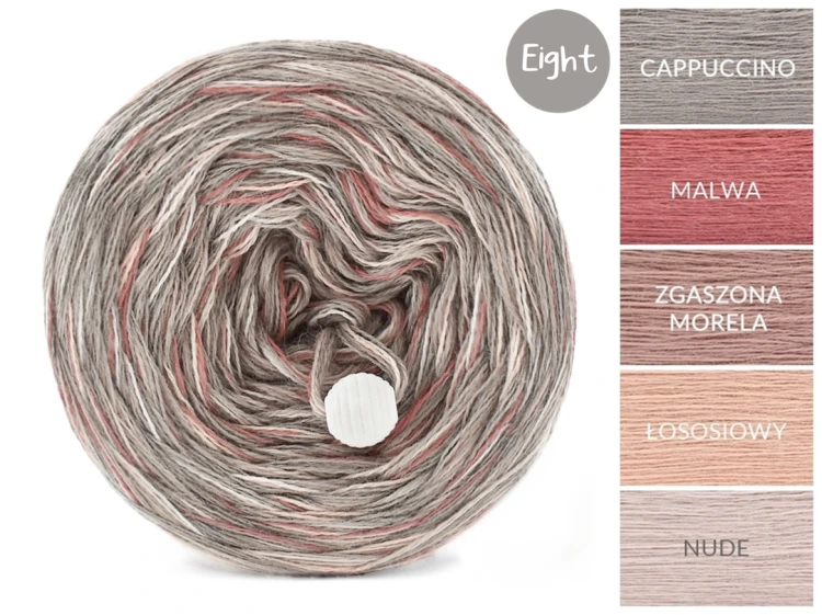 KOKONEK Eight Merino E002 - 4Cappuccino/malwa/zgaszona morela/łososiowy róż/nude, 8 nitek, 220 m, 130 g