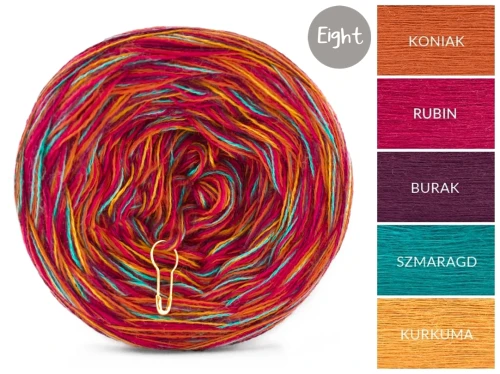 KOKONEK Eight Merino E001 - 2Koniak/2rubin/2burak/szmaragd/kurkuma, 8 nitek, 220 m, 130 g
