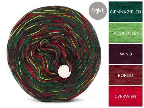 KOKONEK Eight Merino E004 - 4Ciemna zieleń/jasna zieleń/wino/bordo/czerwień, 8 nitek, 220 m, 130 g