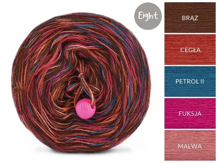 KOKONEK Eight Merino E005 - 4Brąz/cegła/petrol II/fuksja/malwa, 8 nitek, 220 m, 130 g