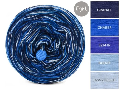 KOKONEK Eight Merino E007 - 4Granat/chaber/szafir/błękit/jasny błękit, 8 nitek, 220 m, 130 g