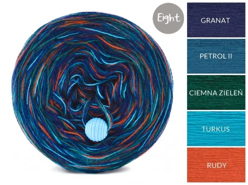 KOKONEK Eight Merino E008 - 4Granat/petrol II/ciemna zieleń/turkus/rudy, 8 nitek, 220 m, 130 g