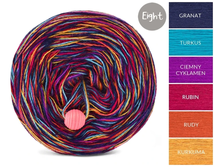 KOKONEK Eight Merino E010 - 3Granat/turkus/ciemny cyklamen/rubin/rudy/kurkuma, 8 nitek, 220 m, 130 g