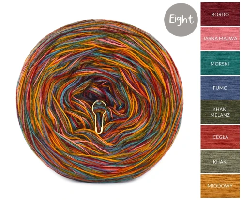 KOKONEK Eight Merino E013 - Bordo/jasna malwa/morski/fumo/khaki melanż/cegła/khaki/miodowy, 8 nitek, 220 m, 130 g