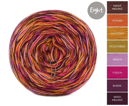 KOKONEK Eight Merino E014 - Miedź melanż/koniak/miodowy/musztarda/wrzos/fuksja/burak/wino melanż, 8 nitek, 220 m, 130 g