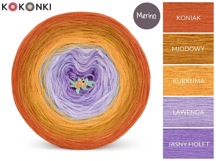 KOKONEK Merino 766 Golden hour - Koniak/miodowy/kurkuma/lawenda/jasny fiolet