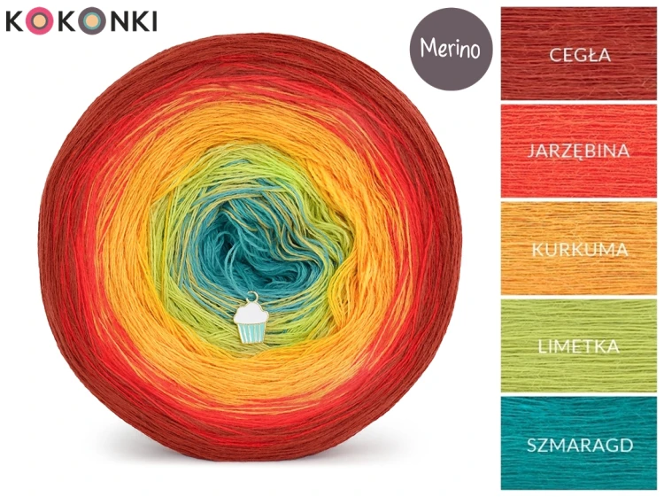 KOKONEK Merino 767 Hear me roar - Cegła/jarzębina/kurkuma/limetka/szmaragd