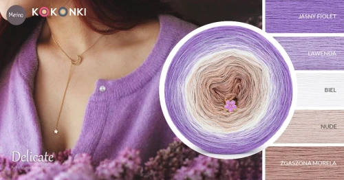 KOKONEK Merino 768 Delicate - Jasny fiolet/lawenda/biel/nude/zgaszona morela