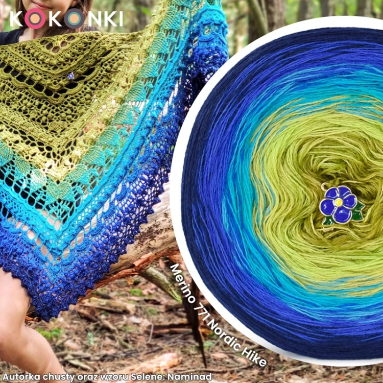 Autorka chusty oraz wzoru Selene: Emilia Romanik / Naminad; Szydełko: 4 mm; Wymiary: 180 x 75 cm