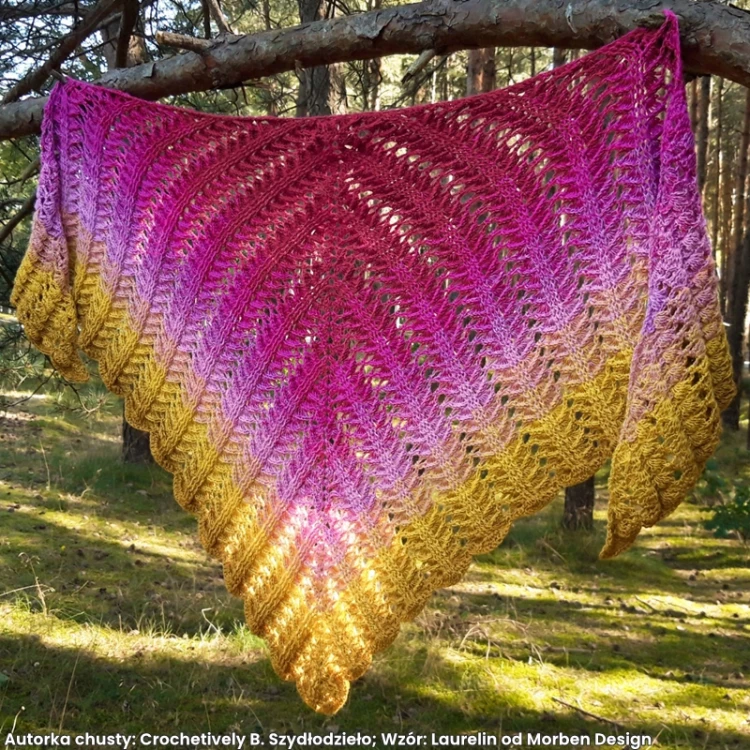 Autorka chusty: Bogusława Bot / Crochetively B. Szydłodzieło; Wzór: Laurelin od Morben Design; Szydełko: 3,5 mm; Wymiary chusty: 160x70cm