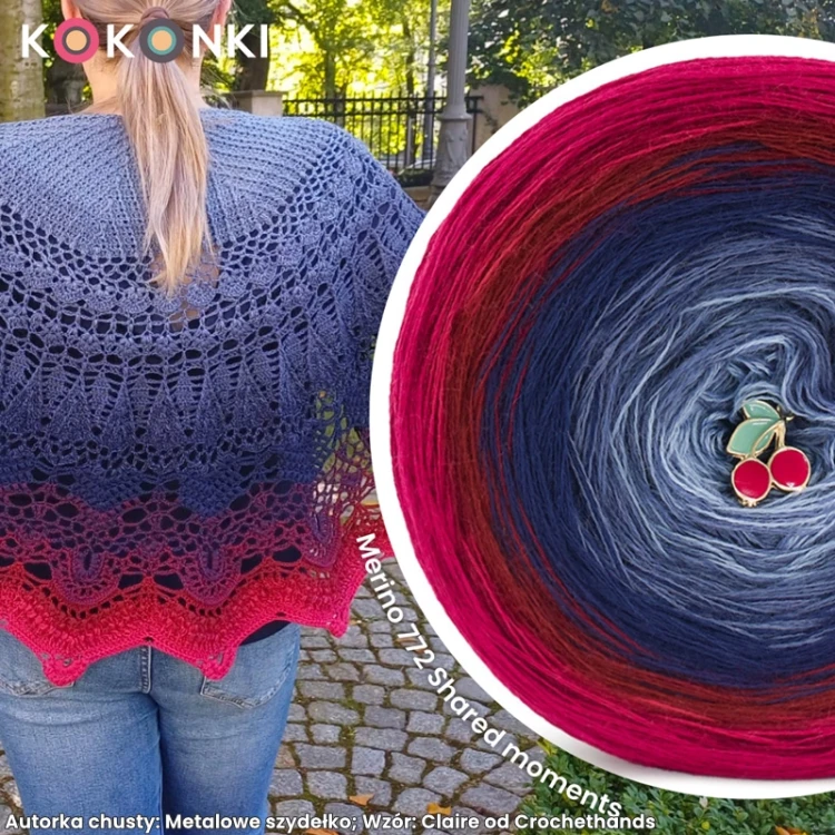 Autorka chusty: Edyta Kasprzak / Metalowe szydełko; Wzór: Claire od Crochethands; Szydełko: 3,5 mm; Wymiar: 168/59 cm