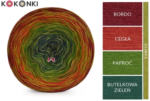 KOKONEK Rare Merino R117 Bordo/cegła/paproć/butelkowa zieleń + 1 nić oliwka