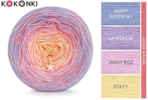 KOKONEK Rare Merino R119 Jasny niebieski / lawenda / jasny róż / żółty + 1 nitka jasna malwa