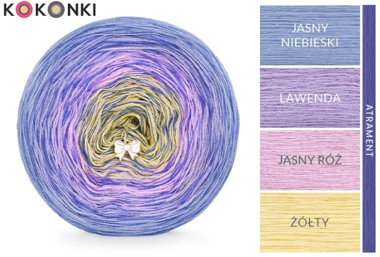 KOKONEK Rare Merino R120 Jasny niebieski/lawenda/jasny róż/żółty + 1 nitka atrament