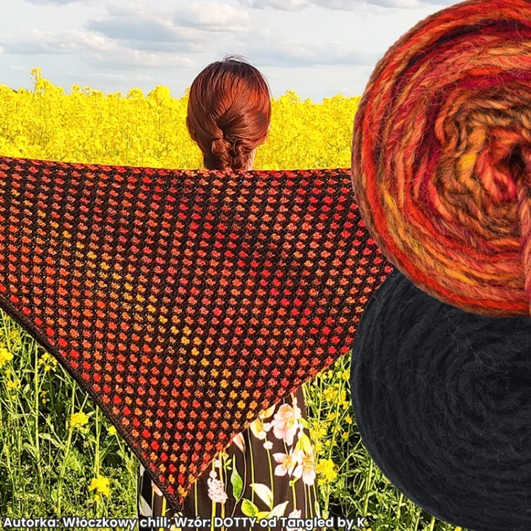 Autorka: Włóczkowy chill; Wzór: DOTTY od Tangled by K; Druty 6 mm; Wymiary chusty: 165 x 80 cm