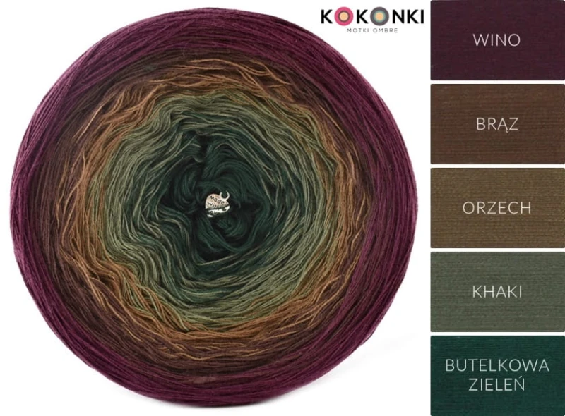 KOKONEK A894 Wino/brąz/orzech/khaki/butelkowa zieleń, 3 nitki, 1000 m, 200 g - GOTOWY